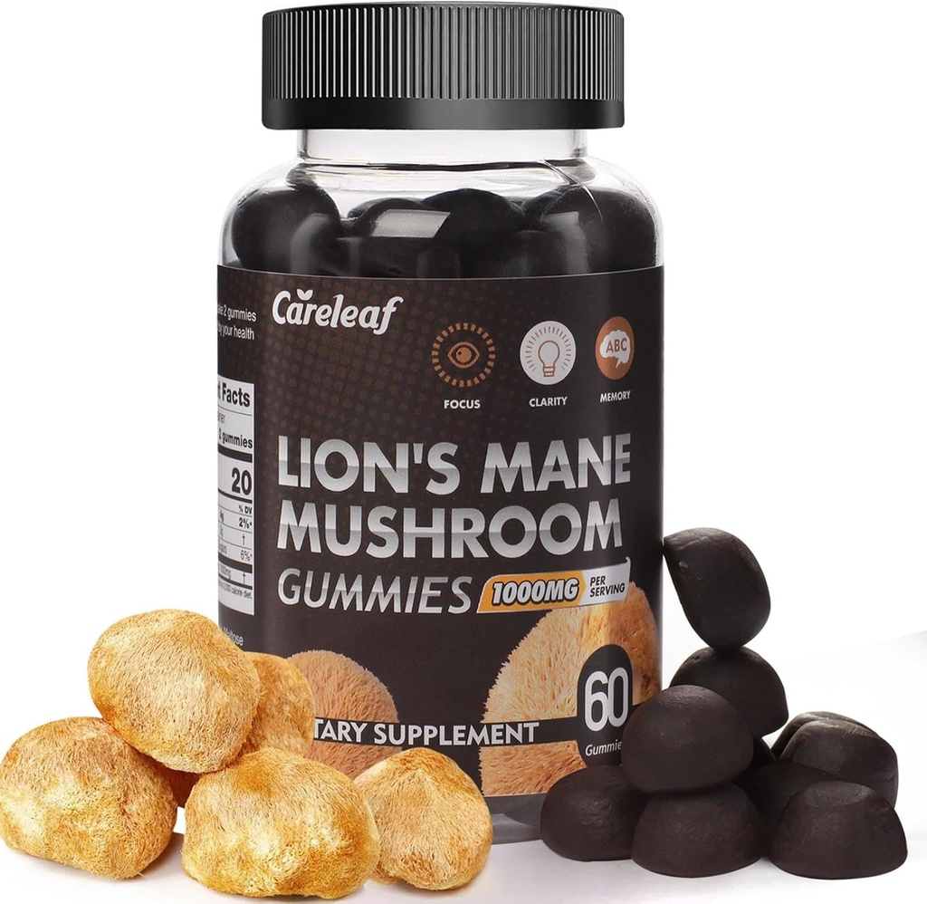 Lions Mane Mushroom Gummies Nootrophic Brain Supplement, Immunosupport, Stress Relief Mushroom Supplement Berrry Flavor 60 Count