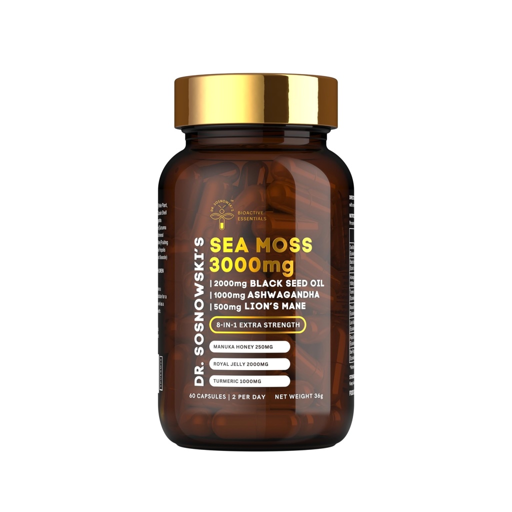 Tohtori Sosnowskin BioActive Sea Moss 8-in-1 Formula Rikastettu musta siemen, Ashwagandha, Turmeric, Manuka Honey, Lion's Mane, Royal Jelly, Bee Propolis Extract ... 60 kapselia