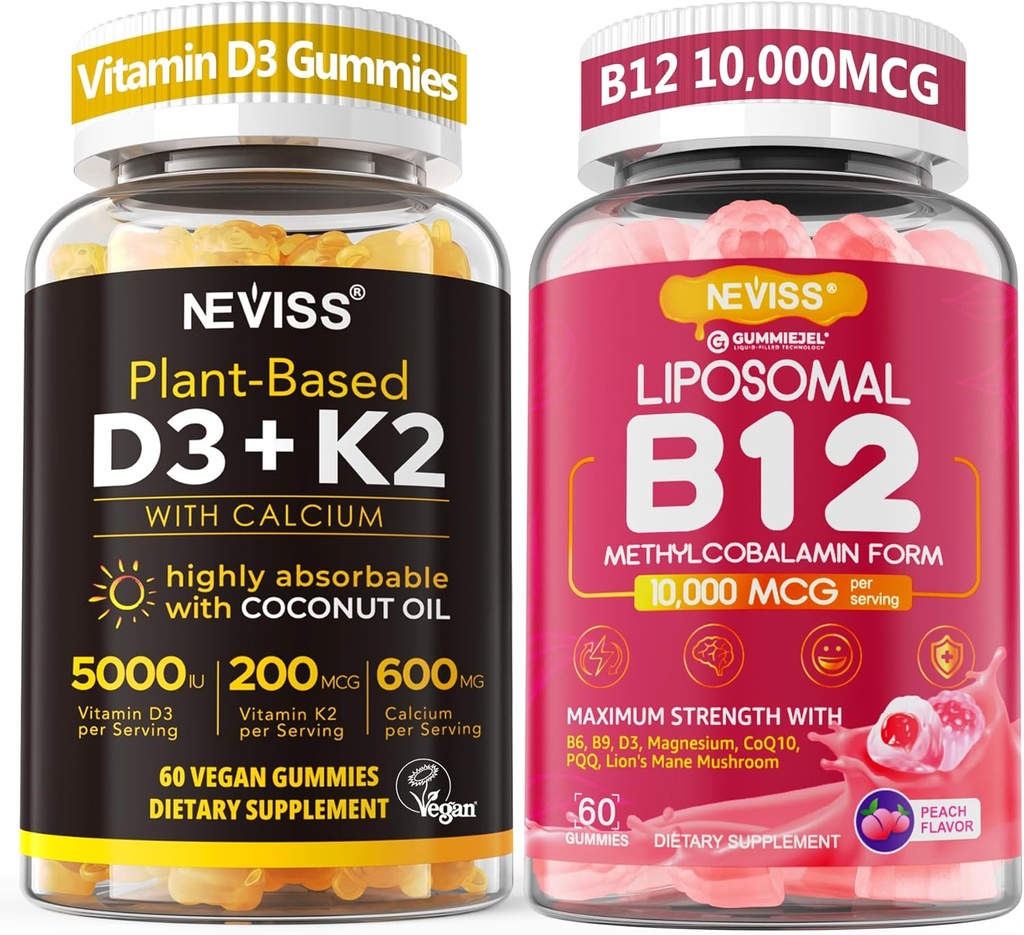 NEVISS 2Pack D3 5 000iu & K2(MK7) 200 mcg Gummies + 600 mg Kalsium + 1 pakkaus liposomaalinen Metyyli B12 5000 mcg/10000 mcg