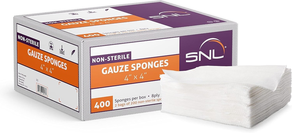 All-Purpose Gauze - 4" X 4" - Laatikko 400 - SNL Quality, Non-Sterile, Latex Free, Gauze Sponge Pads, 8 Ply - (2x 200 pakkausta sisällä), Ihanteellinen ensiapu, Kauneus Applicator, Absorbential Dressing Bandage