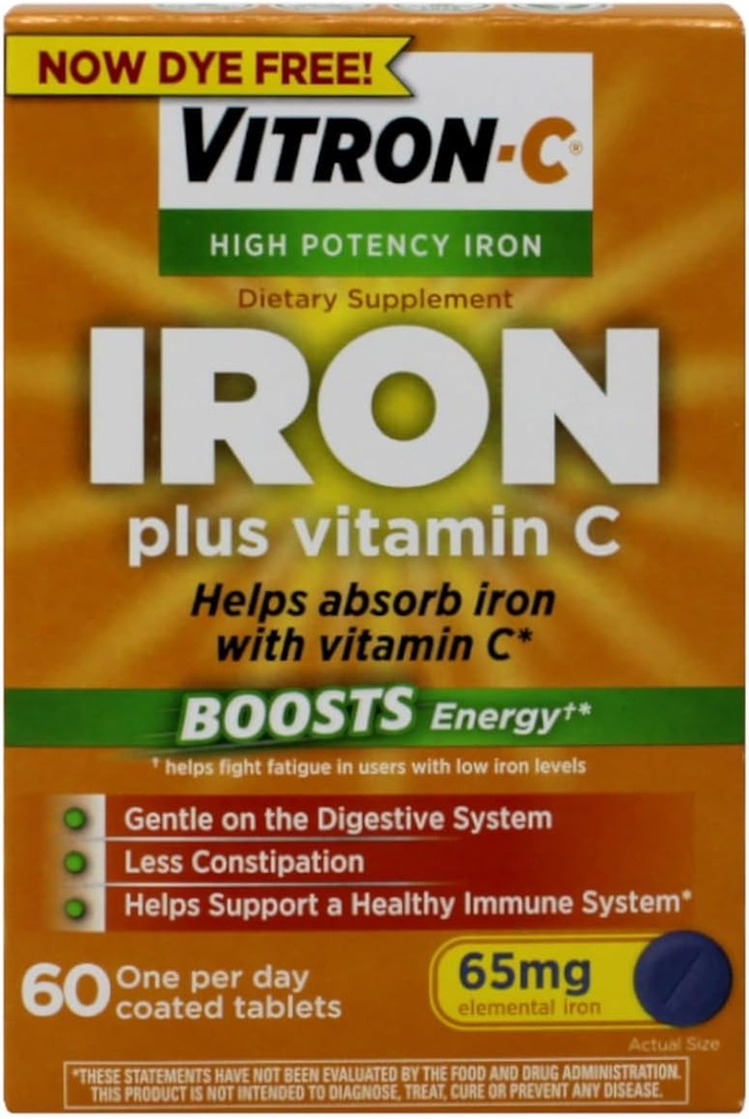 Vitroni-C Korkea Potenssi Rauta Ravintolisä ... Iron Plus C-vitamiini, Boosts Energy, Gentle on The Ruoansulatuselimistö, 60 päällystettyä tablettia, 65 mg Elementaalirauta