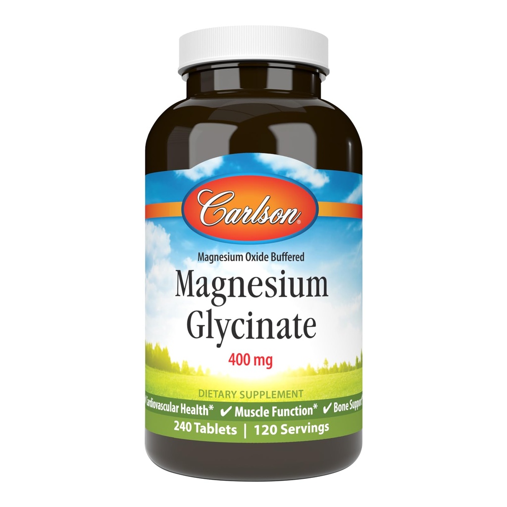 Carlson - Magnesium Glycinate, 200 mg, Superior Imeytyminen, Heart Health, Lihastoiminta, Luutuki, 240 tablettia