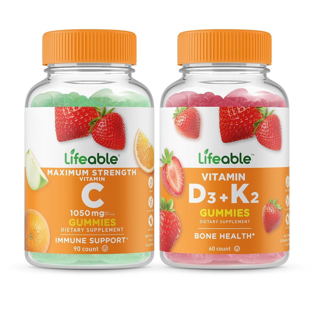 Elinkelpoinen C-vitamiini 1050 mg + D3-vitamiini + K2-vitamiini, Gummies Bundle - suuri kastike, vitamiini täydentää, gluteeniton, GMO-vapaa, pureskeltava Gummy