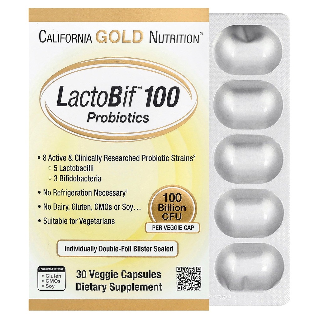 Kalifornia Gold Nutrition LactoBif Probiootit, 100 Bllion PMY, 8 Aktiivinen & kliinisesti tutkittu Probiootti kanta, sokeriton, kasvissyöjä, yksilöllisesti kaksinkertainen folio läpipainopakkaus Tiivistetty, 30 kasviskapselit