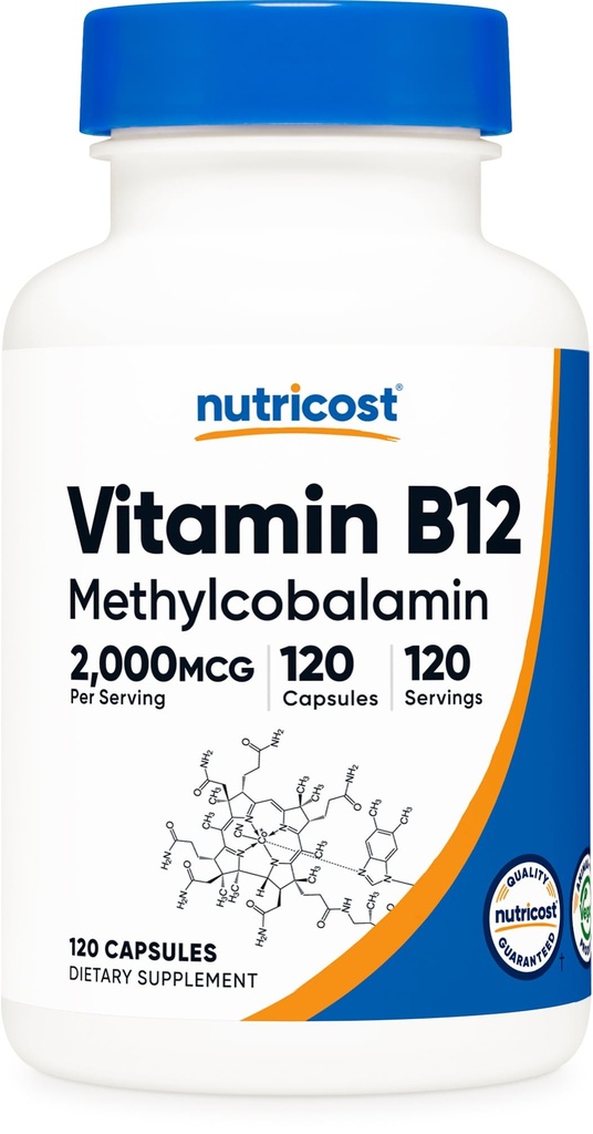 Nutricost-vitamiini B12 (Metyylicobalamiini) 2000mcg, 120 kapselia - Kasvissyöjäkapselit, GMO:ton, gluteeniton B12-lisä