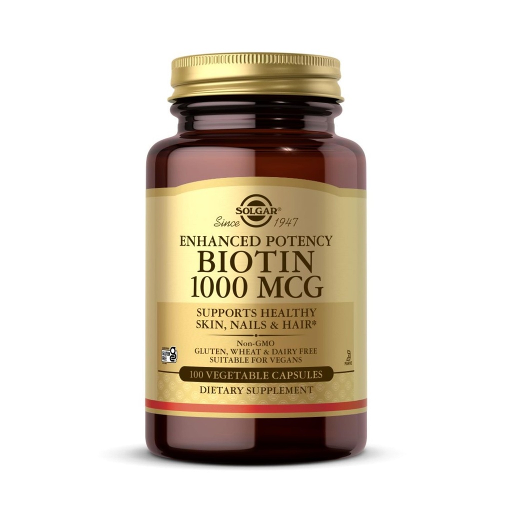 Solgar Biotin 1000 mikrog - 100 kasvikapselia - Tukee tervettä ihoa, kynsiä ja hiuksia - ei-muuntogeenisiä organismeja, kasviksia, gluteeniton, maitotuotteeton, Kosher - 100 tarjoilua