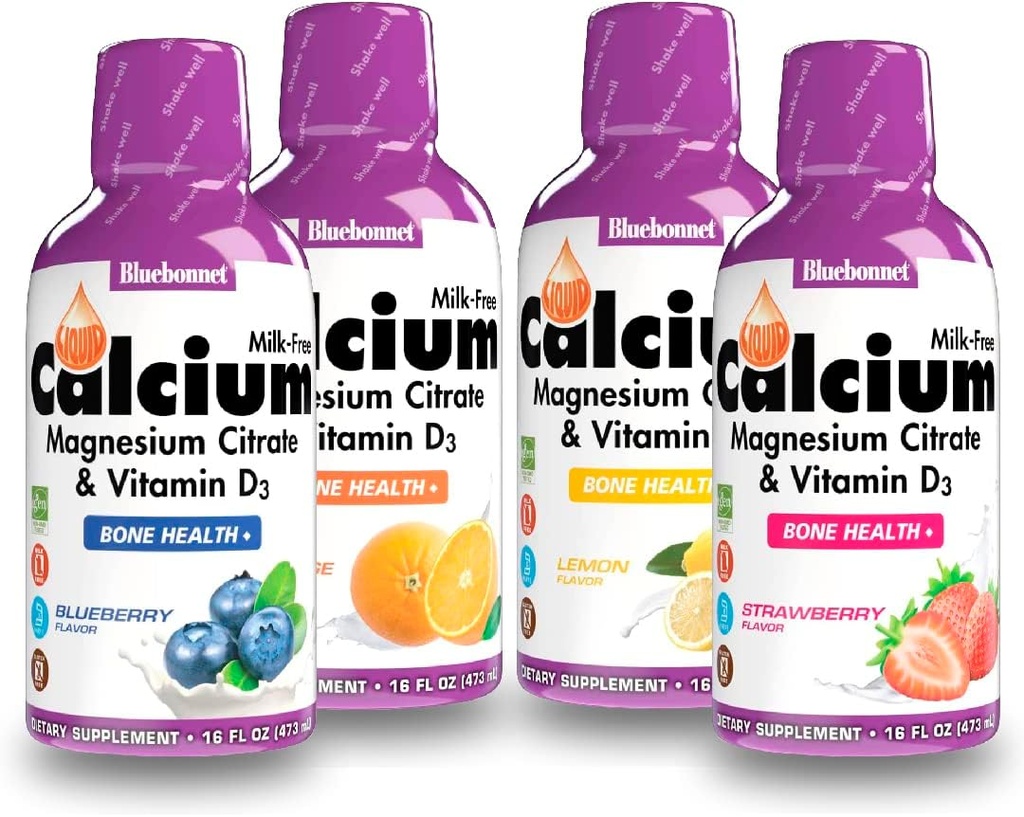 Bluebonnet Nutrition Liquid Calcium Citrate Magnesiumsitraatti, D3-vitamiini, Bone Health - Bundle of Orange, Mustikka, sitruuna ja mansikka maku, 4 pullo 16 Fl Oz Each (64 Fl Oz yhteensä)