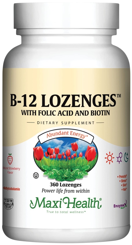 Maxi Health Vitamin B12 Lozenges with Folic Acid and Biotin - Sublingual B12 Vitamins Strawberry Flavor - Vegetarian Kosher B 12 Vitamin för Red Blood Cell Production and Energy (360 Count)