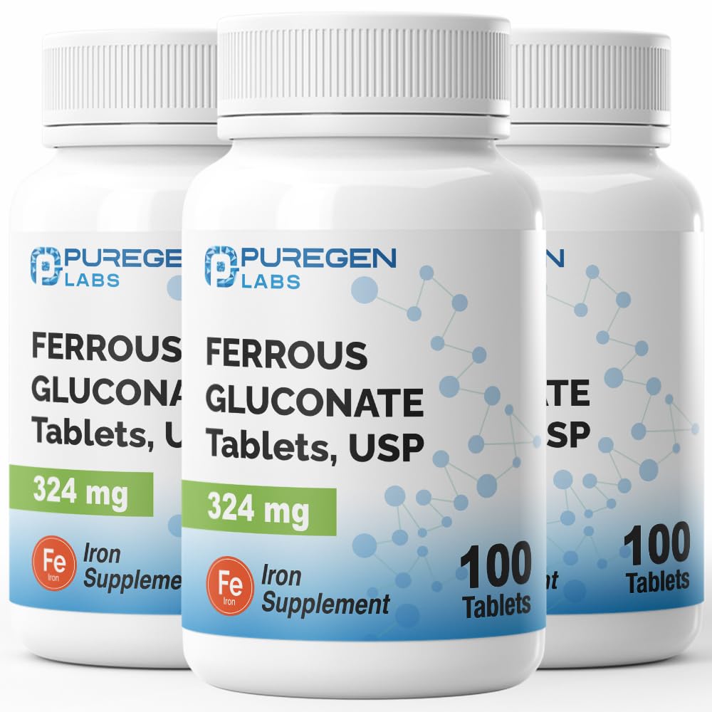 Puregen Labs Ferrous Gluconate 324 mg [High Potency] Iron Supplement, Gentle on Smaach 3 Pack - 300 tablettia Yhteensä