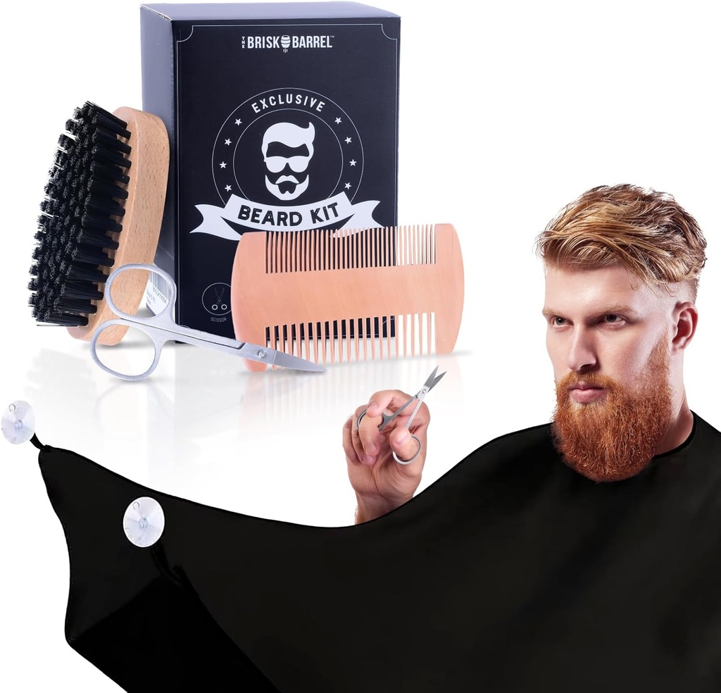 Skägg Grooming Kit för män 4 i 1. skäggborste och Comb Set med Messy Free Bib Apron, Mustache Scissors. Natural Brush och Dual Action Comb. Mäns Grooming. Gift för man,