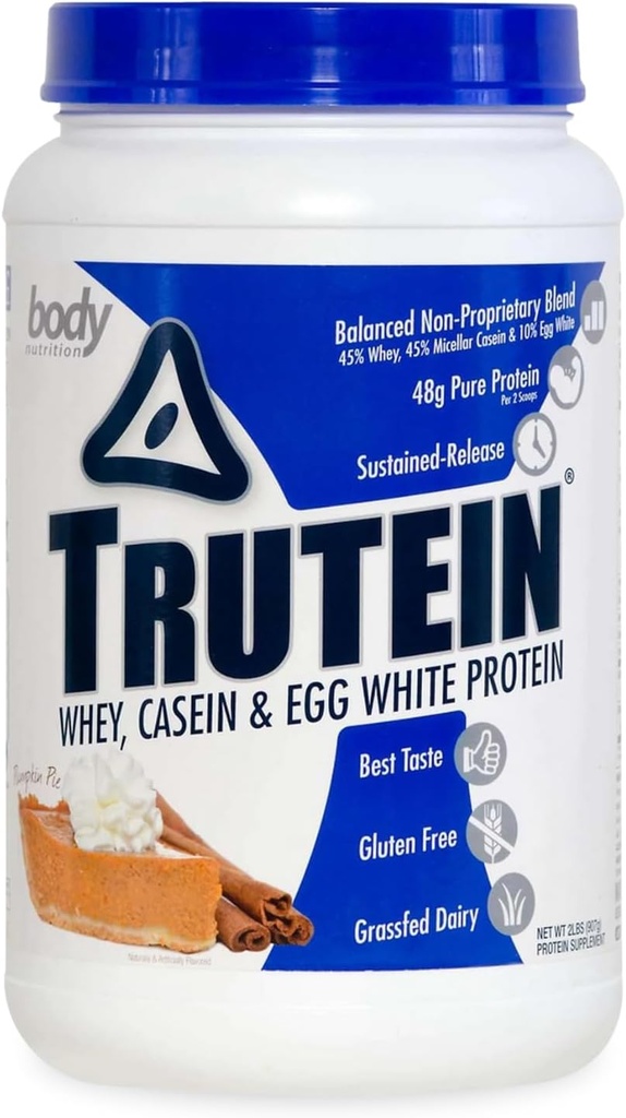 Body Nutrition Trutein High Protein Powder: 45% Whey, 45% Kaseiini, 10% Muna White, Gluteeniton, Alhainen natrium, Grass Fed Whey Protein Powder, kuntosali Supplement & Breakfast Shake, Kurpitsapiirakka, 2lb