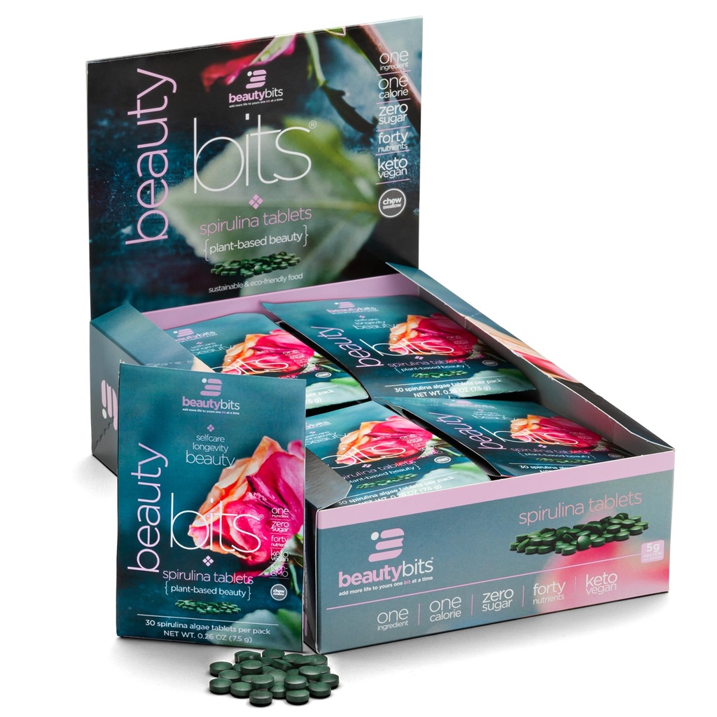 BEAUTYbits - Organic Spirulina Tablets - Alger Superfood - Collagen, Protein, Chlorophyll - Hår, Nails, & Skin Care - Vegan, Keto, Gluten Free - Självvård - Skincare Skönhet - 30 Bags, 900 tabletter