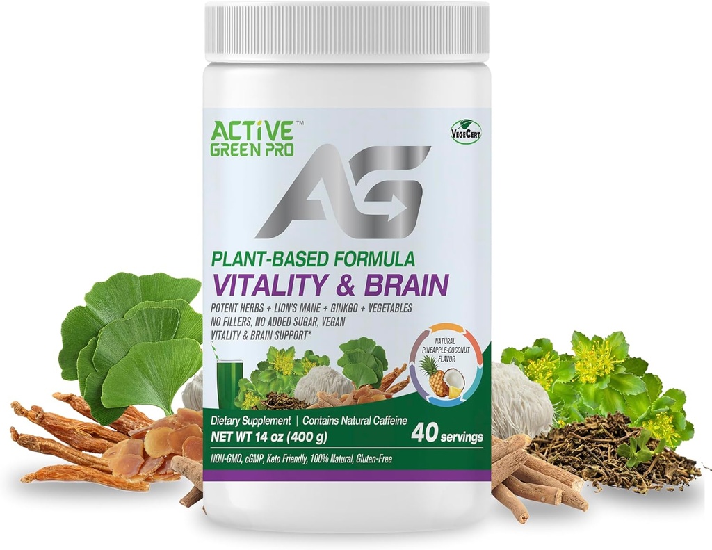 Vitality & Brain Powder, Blend of Synergistic Yrtit, Lion's Mane, Ginkgo, and Vihannekset, Plant-Baseed Formula, Ei Täyteaineita, Ei sokeria Lisätty - 40 Tarjoilu