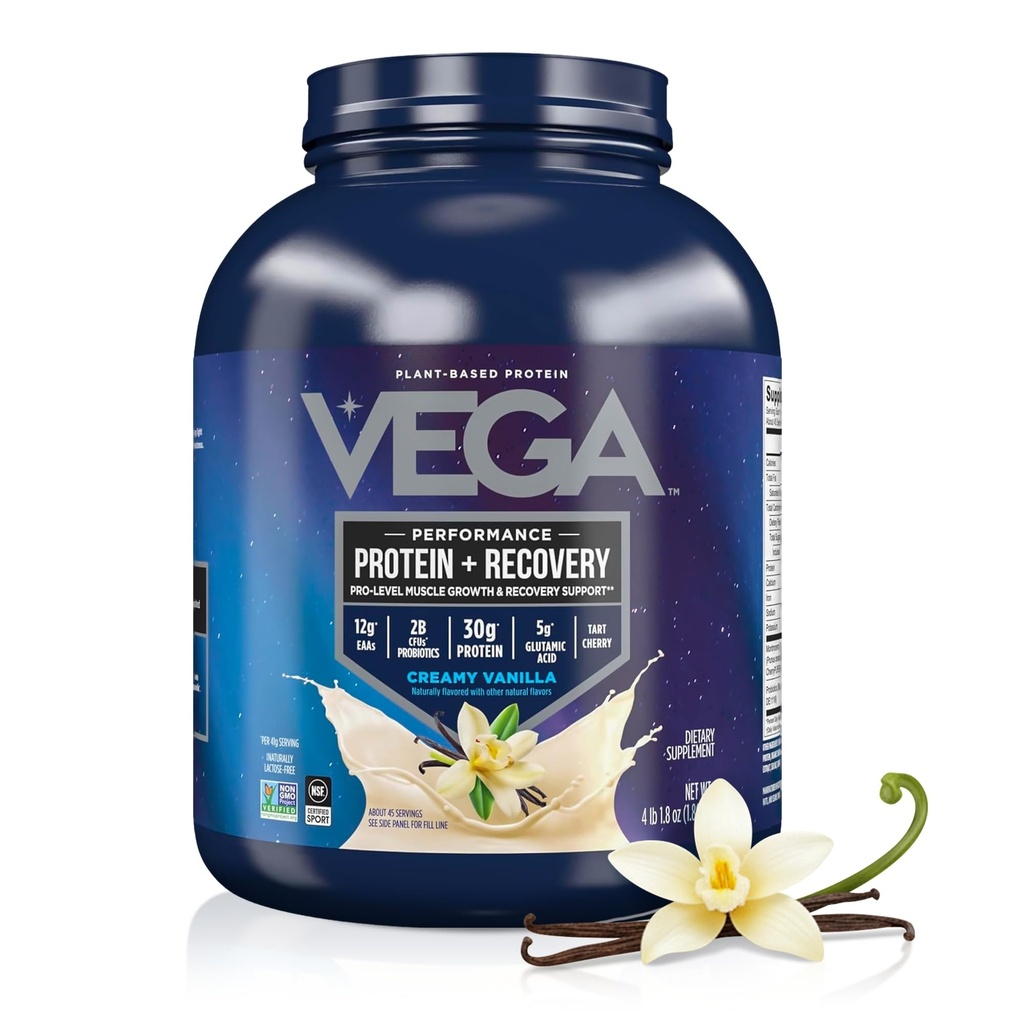 Vega Sport Vegan Protein Powder + Recovery - 30g Plant Based Protein per Servering, Vanilla, 45 Servings, 5g BCAAs, Probiotika, NSF Certified, För Shakes & Smoothies, 4.1lbs (Packaging May Vary)