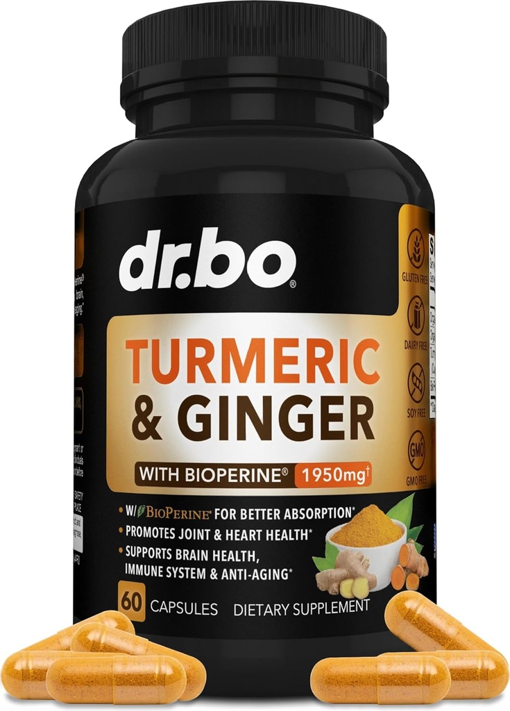 Kurkuma BioPerine & Ginger Supplement - 1950mg Organic Tumeric ja Curcumin BioPerine Black Pepper Pillerit - Kurkuma ja inkivääri täydentää 60 kapselia