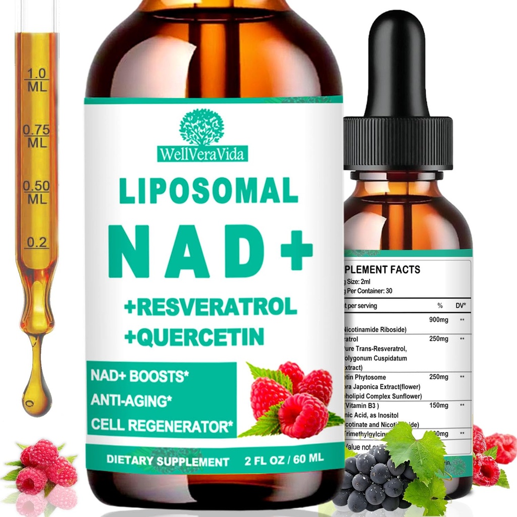NAD-lisät naisille ja miehille, liposomaalinen NAD Nikotinamidi Ribosidi Resveratrol 900 mg, TMG, Quercetin, B3-vitamiini, orgaaninen nestemäinen NAD Resveratrol-lisä pitkäikäisyyttä, energiaa, anti-aging, Focus
