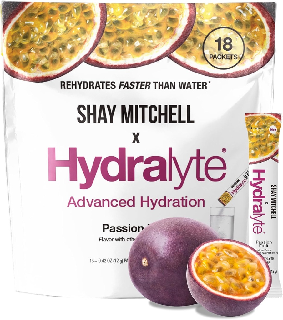 Hydralyte Shay Mitchell Electrolyte Powder Packets, Low Sugar Rapid Rehydration, Hydration Powder for Heat, Travel, Harjoitus ja polttarit (Passion Fruit)