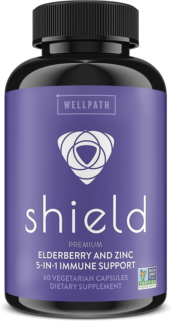 WellPath Shield Elderberry kapselit - 5-in-1 Immuuni tuki Booster sinkki, C-vitamiini, Echinacea, Bee Propolis - Premium Sinkki täydentää - 600 mg Sambucus Musta Elderberry pillereitä aikuisille - 60 Ct