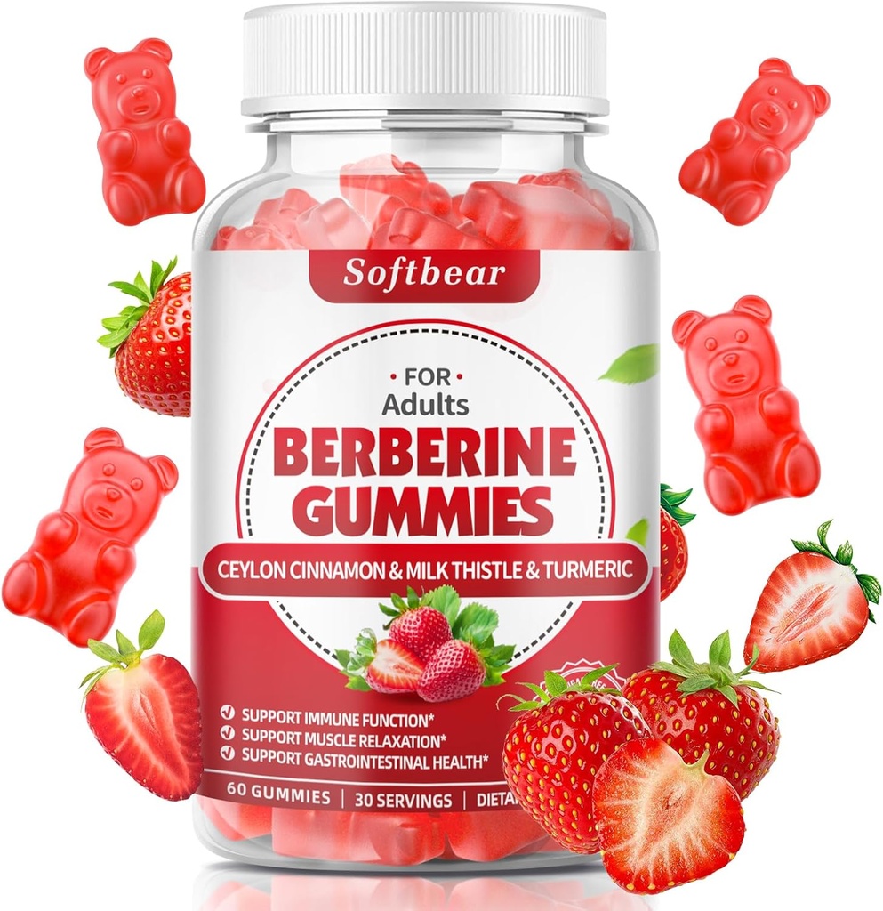 softbear berberiini Ceylon kaneli Gummies Organic berberine HCL 1500 mg aineenvaihduntaa Immuuniterveys Sokeriton berberiini täydentää mansikka maku 60 kreivi