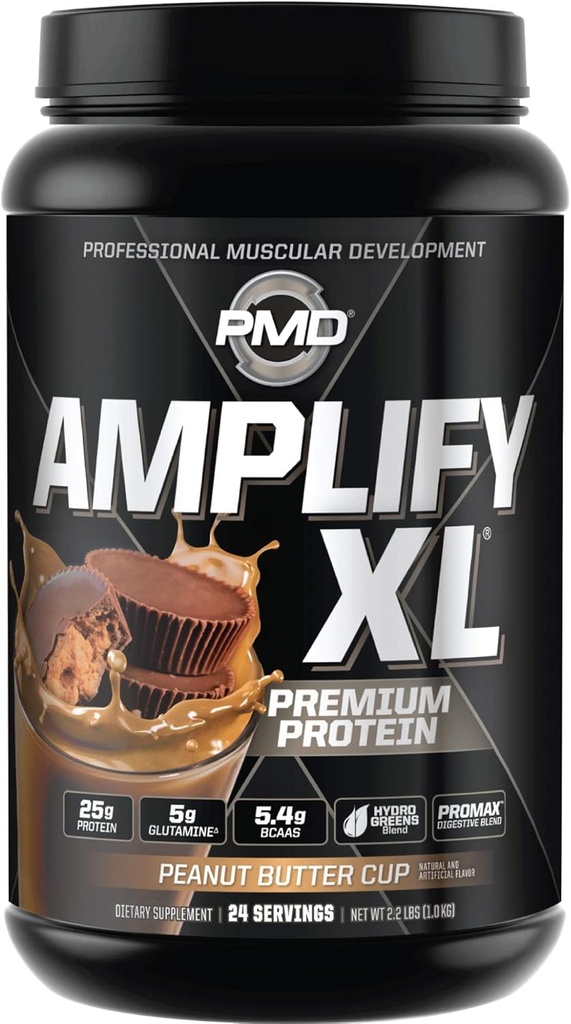 PMD Sports Amplify XL Premium Whey Protein Supplement Hydro Greens Blend - Glutamin och Whey Protein Matrix med Superfood för muskel, styrka och återhämtning - Peanut Butter Cup (24 portioner)