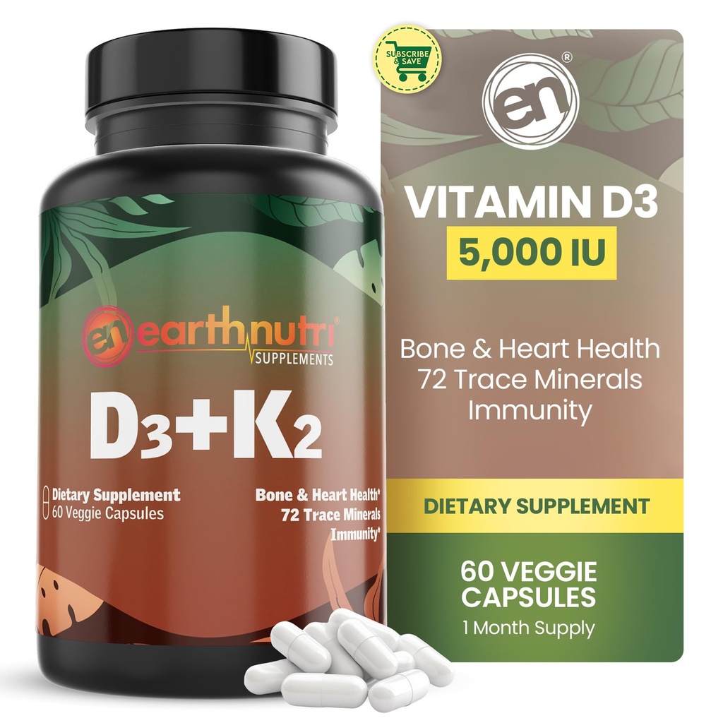 EarthNutri Vitamin D3 K2 Supplement 5000 IE – Inkluderar K2 från MENA Q7, D3 från Vitashine, Calcium från Aquamin & 72 Trace Minerals – för Immune, Bone & Heart Health – Non-GMO – 60 Veg Capsules