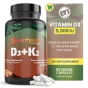 EarthNutri Vitamin D3 K2 Supplement 5000 IE – Inkluderar K2 från MENA Q7, D3 från Vitashine, Calcium från Aquamin & 72 Trace Minerals – för Immune, Bone & Heart Health – Non-GMO – 60 Veg Capsules
