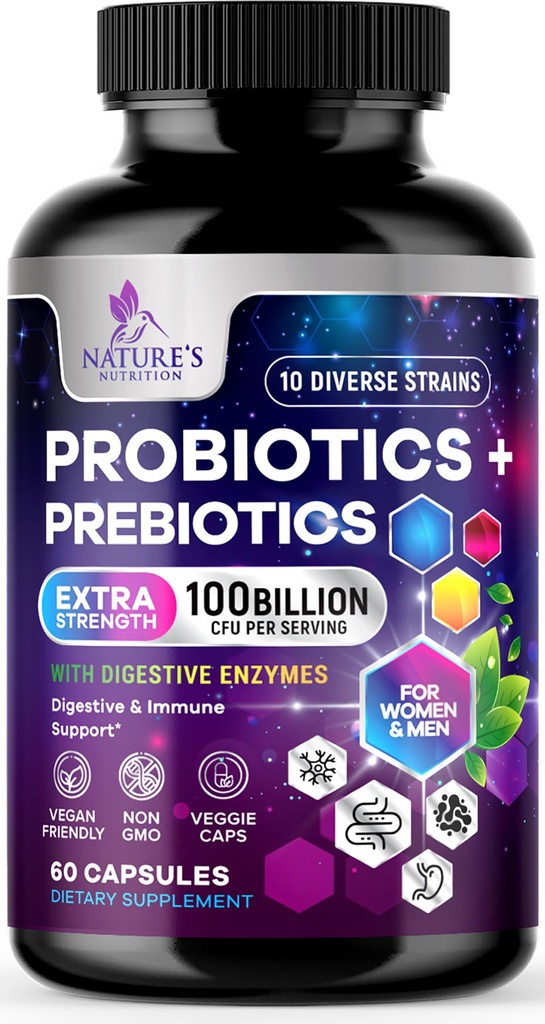Probiootit naisille ja miehille 60 miljardia PMY - 10 kanta, Lactobacillus, Dgestive Gut Health Probiootit & Immunosupport Supplement, Tukee satunnaista ummetusta, kaasu & turvotus - 60 kapselia