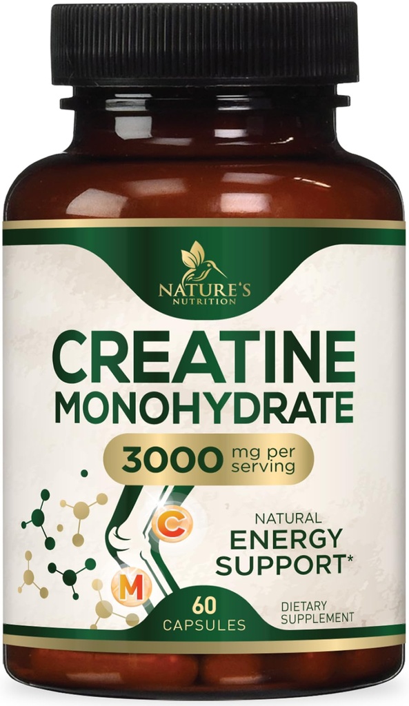 Kreatinmonohydratkapslar 3000mg - Bästa Micronized Kreatinpulver - Stöder Lean Muscle, Styrka, Energi och Uthållighet - Naturens Supplement, Non-GMO, Gluten Free för kvinnor och män - 60 kapslar