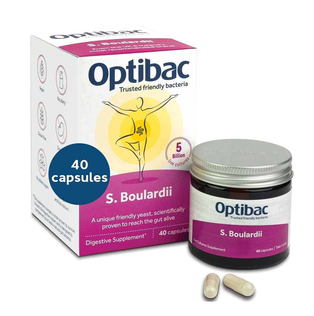 Optibac Probiootit Saccharomyces Boulardii - Vegan Tieteellisesti todistettu digestiivinen probiootti täydentää, 5 miljardia PMY - 40 kapselia