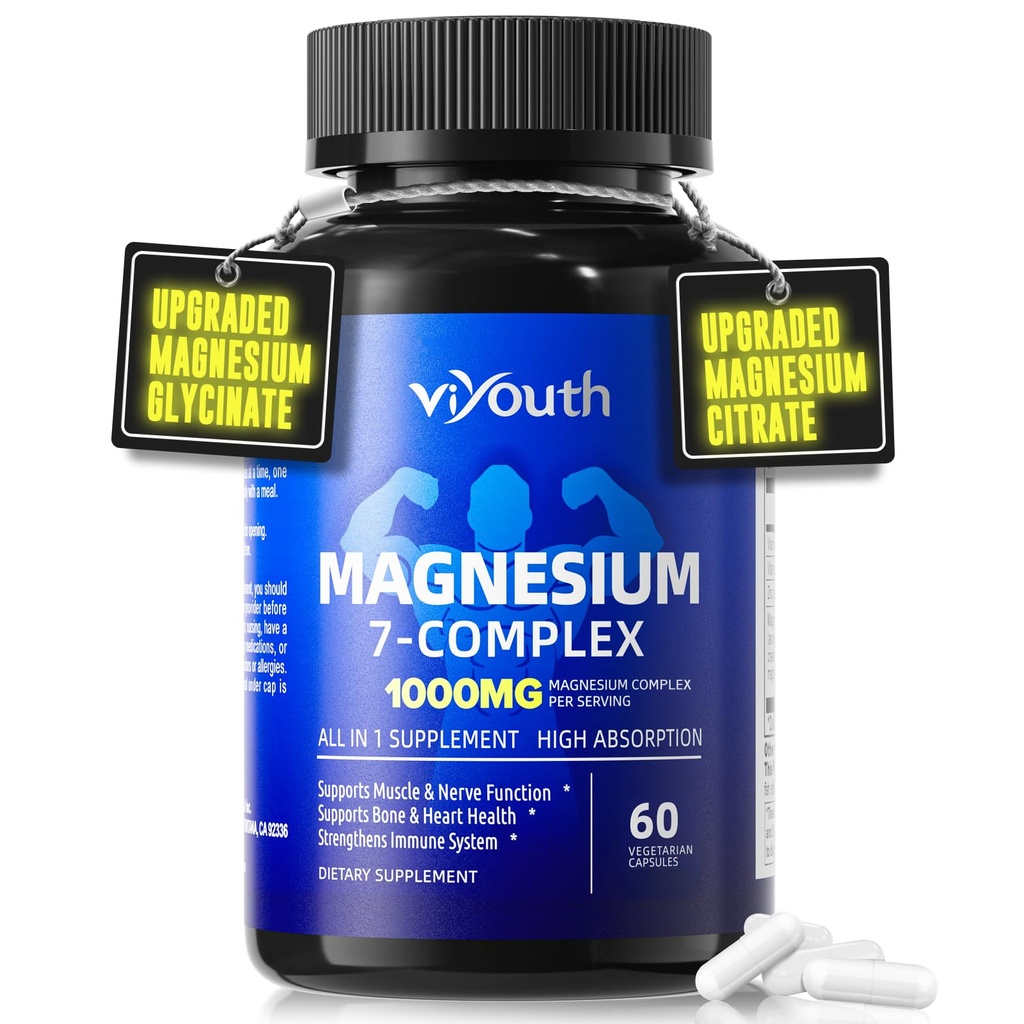 Magnesium 7 Complex Supplement Advanced with Glycinate Citrate Malate Chelate Taurate Orotate Aspartate, kapselit sinkki, D3-vitamiinia ja B6-vitamiinia unissa, lihasten helpotus, 60 kapselia
