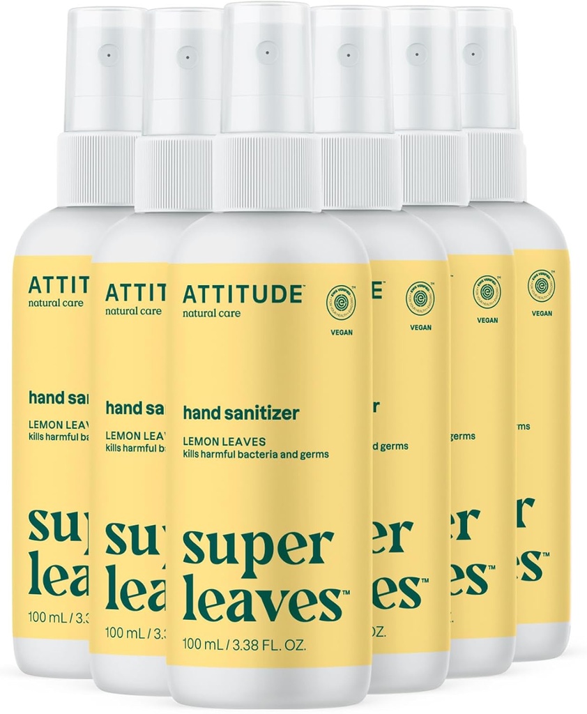 ATTITUDE Hand Sanitizer Spray aikuisille ja lapsille, EWG Varmennettu, Tappaa bakteerit ja germs, Vegan, Lemon lehdet, 3.38 Fl Oz (Spray Bottle) (Pack of 6)