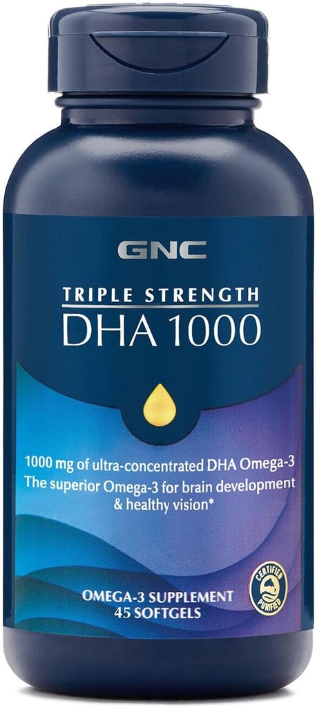 GNC Triple Strength DHA 1000 Omega 3 täydentää, 1000mg DHA, tukee aivojen kehitystä ja tervettä visiota, 45 Softgels