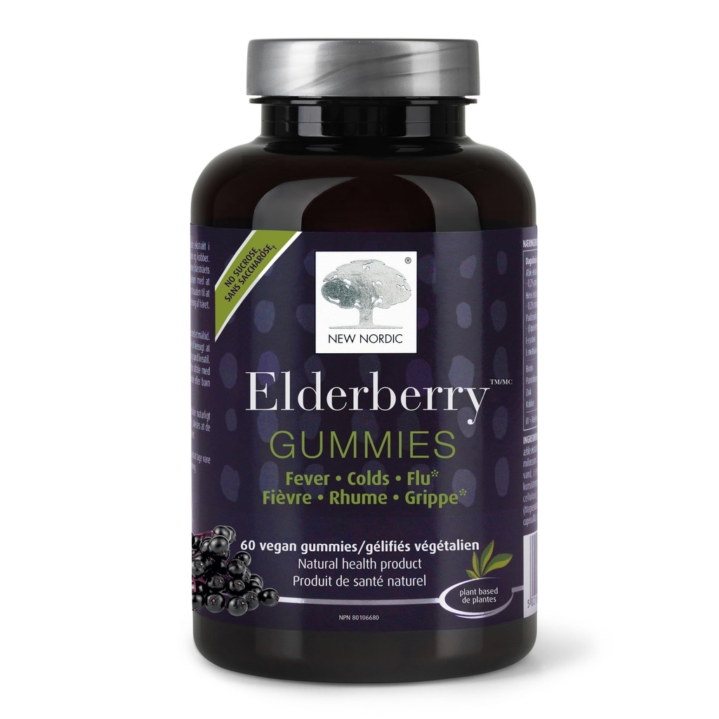 UUSI NORDIC Elderberry Vegaani Gummies, sokeriton pureskeltava Immuuni tuki C-vitamiini aikuisille ja lapsille 4+, Ei keinotekoisia värejä tai makuja, 60 luku (Pakkaus 1)