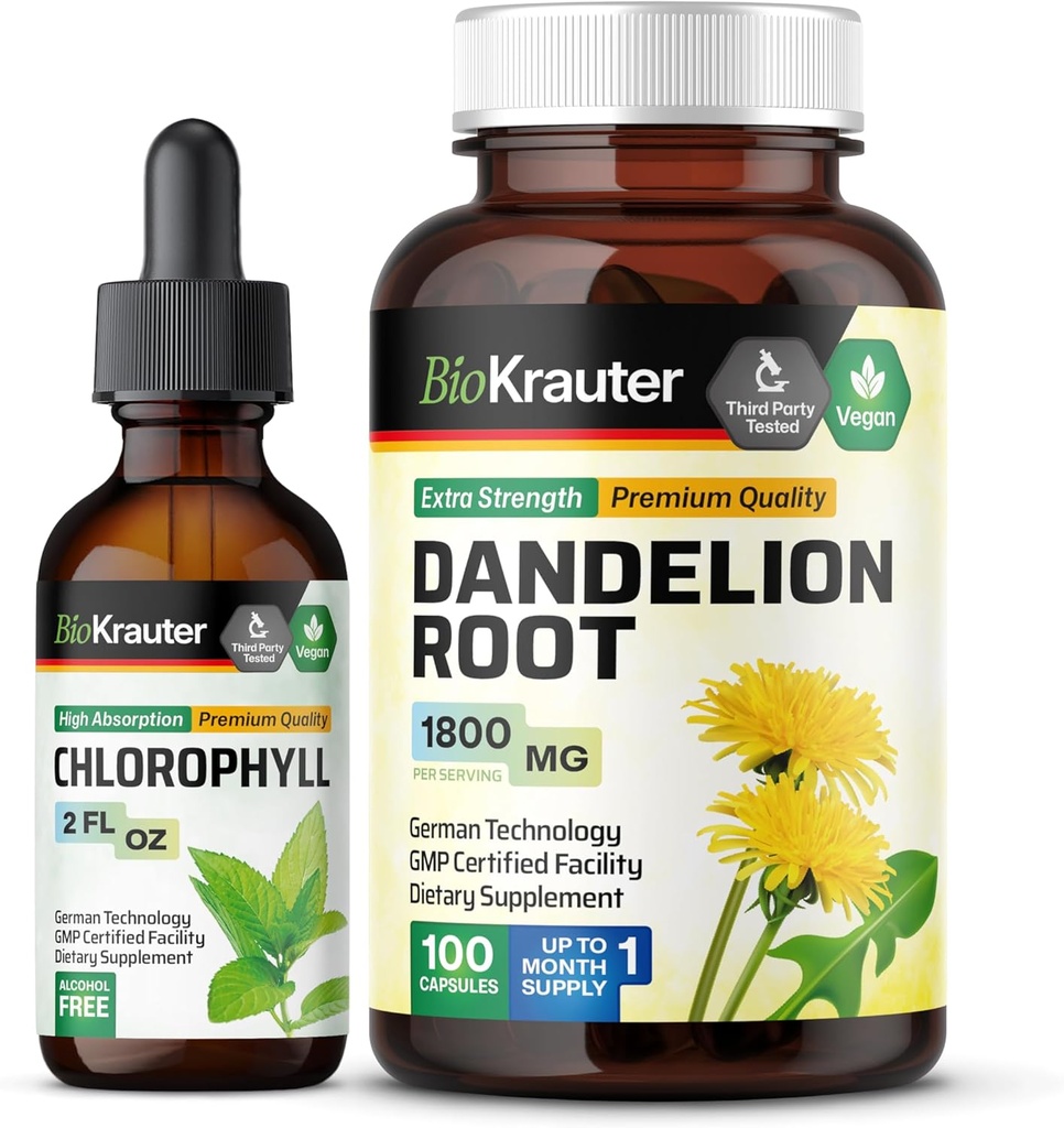 BIO KRAUTER Chlorophyll Tinktur 2 Fl. Oz. & Dandelion 100 kapslar