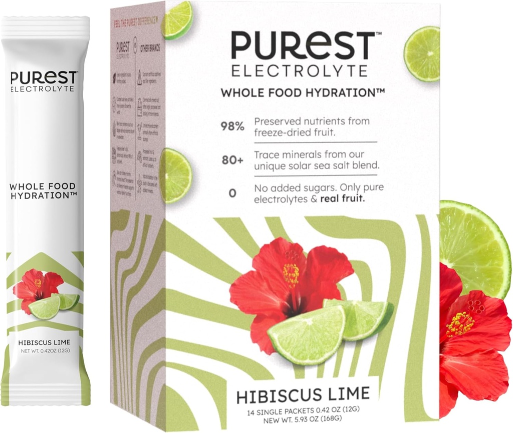 Tiedä Brainer Purest Electrolyte Hibiscus Lime Powder Packetit Koko ruoka Hydraation - Organic Freeze Dried Fruits ja Solar Sea Salts for Ultimate Electrolyte Balance