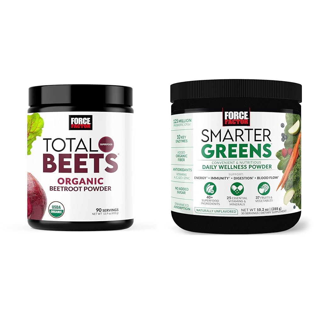 Force Factor Total Beets Organic Beetroot Powder Superfood för att öka daglig näring, USDA Organic & Smarter Greens Daily Wellness Powder för att stödja energi, immunitet och matsmältning