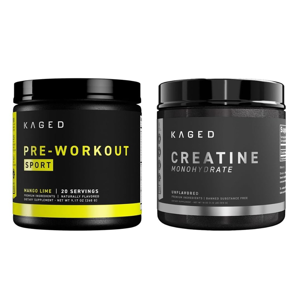 Kaged Pre Sport Pre Treenout Powder Mango Lime Creatiini Monohydraatti Micronized Powder Bundle, Energy & Muscle Recovery Supplement Pack, 20 tarjoilua Esityö + 100 tarjoilua Creatiini