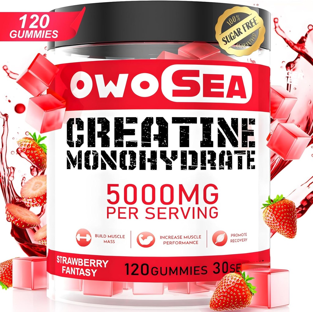 Kreatinmonohydrat Gummies för män och kvinnor 5000mg Kreatinmonohydrat per portion för muskelstöd energi öka 120 greve Chewable 5g Kreatin Supplement Sugar Free Vegan (1 Pack, Strawberry)