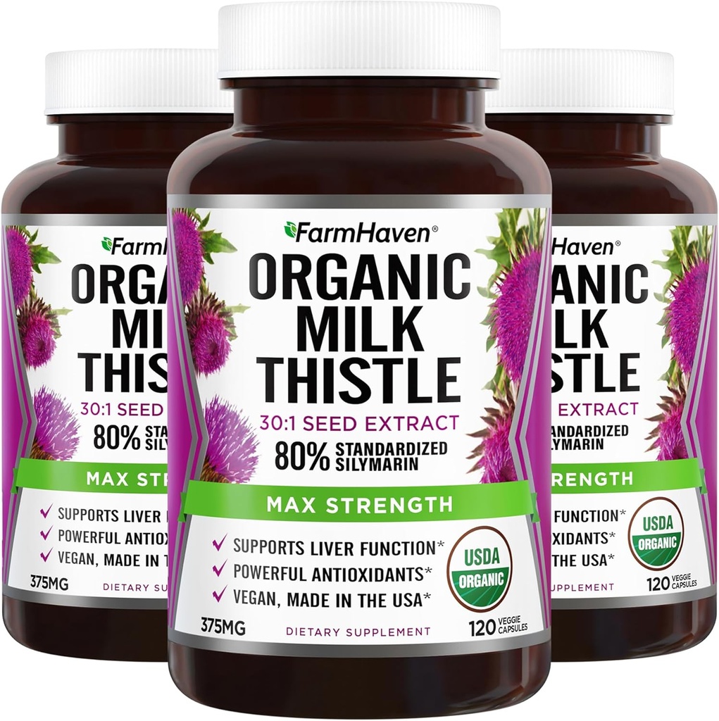 FarmHaven USDA Organic Milk Thistle Kapselit ... 30X Tiivistetty siemenuute & 80% Silymarin Standardoitu - tukee maksan toimintaa ja yleistä terveyttä...