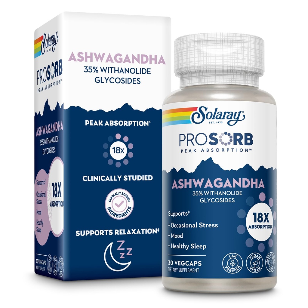 SOLARAY Ashwagandha kapselit 18X Imeytyminen - Ashwagandha juuri ja lehtiuute 240 mg - Satunnainen stressi helpotus ja mieliala tuki täydentää - Vegan, 60 päivän takuu - 30 Palvelimet, 30 VegCaps