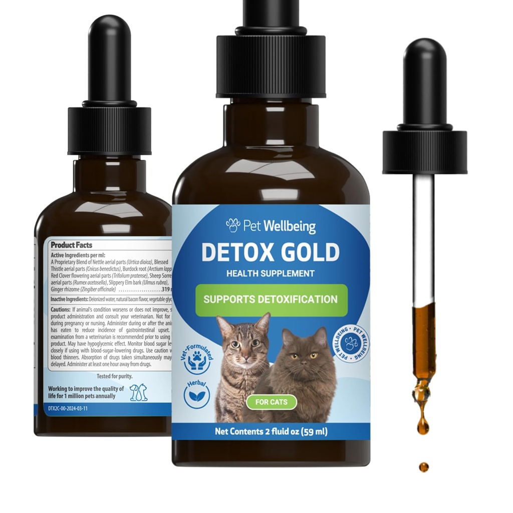 Pet Wellbeing Detox Gold for Cats - Gentle Detoxification & Eliminaatio Support, Immunomy System Care, Nettle, Siunattu Thistle, Burdockin juuri - Eläinlääkärin formuloitu kasviperäisten täydentää 2 oz (59 ml)