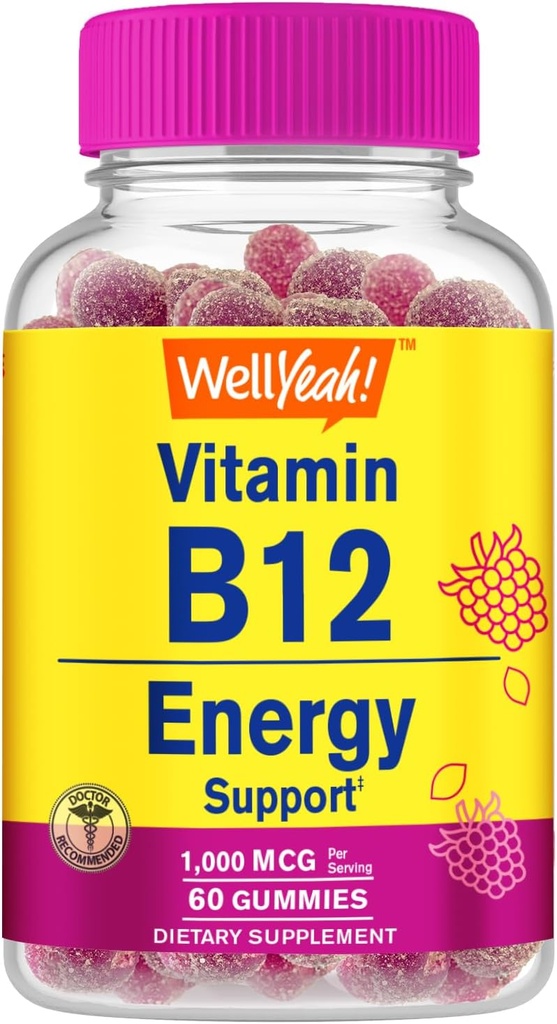 WellYeah B12-vitamiini 1000 mcg Gummies - energia, mieliala, aineenvaihdunta ja immuunijärjestelmä tuki - vegaaninen Friendly ja gluteeniton, GMO vapaa ja lääkäri suositeltava - 60 Gummies