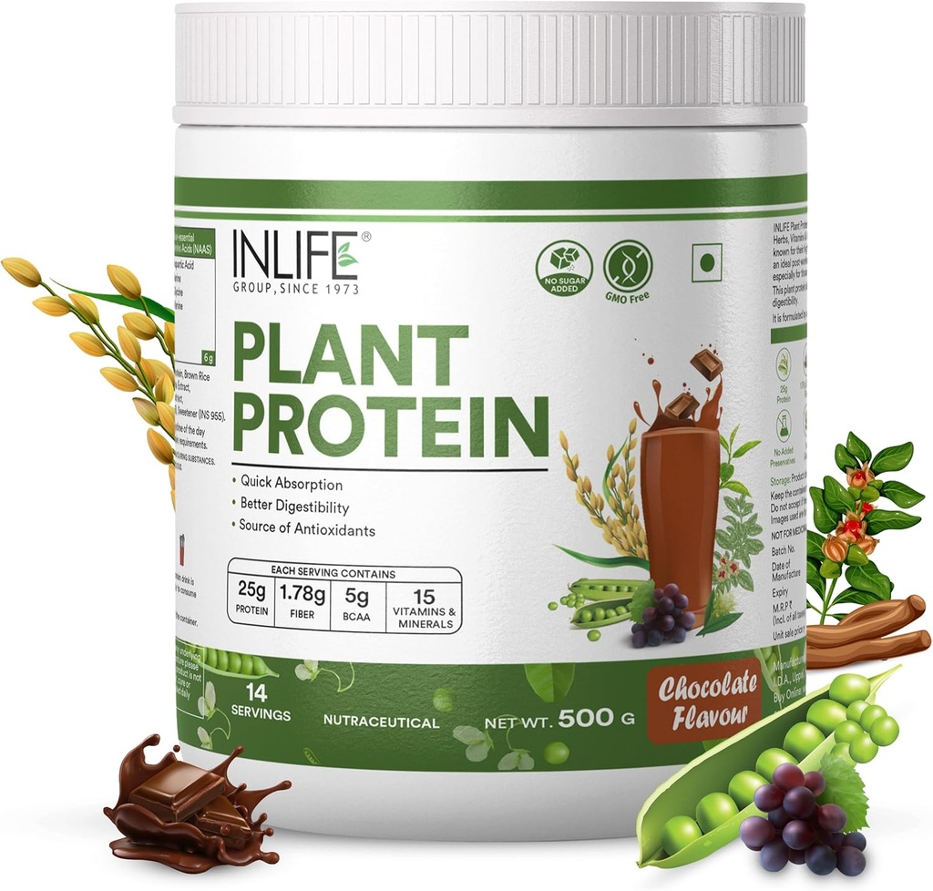 INLIFE Plant Protein Powder - Herne, Quinoa & Brown Rice - 25g Proteiinia - Ashwagandha, vihreä teetä ja viinirypäleitä siemenuute - täydennysosa (500 g, suklaa)