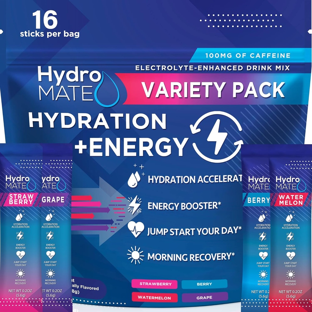 HydroMATE Elektrolyytit Powder Drink Mix Packets Hydraation Accelerator Low Sugar Party Favors for Rapid Recovery C-vitamiini Plus Comfeine Variety Pack 16 Sticks