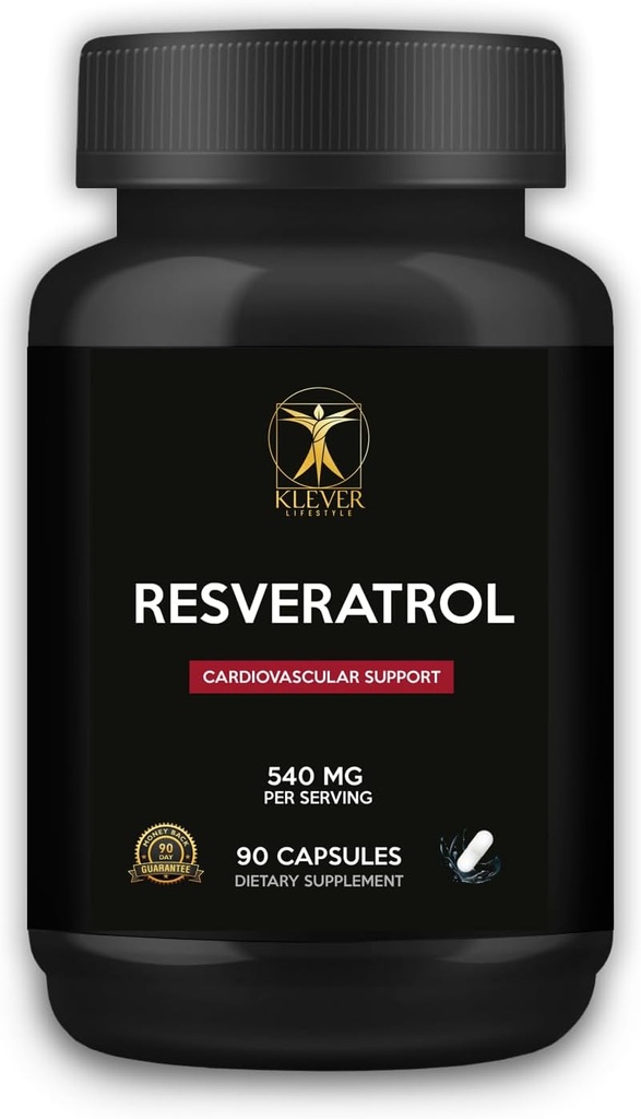 Klever Lifestyle | Resveratrol Antioxidant Supplement | Stöder immunfunktion, livslängd, hälsosam åldrande | 90 kapslar | 540 mg per portion