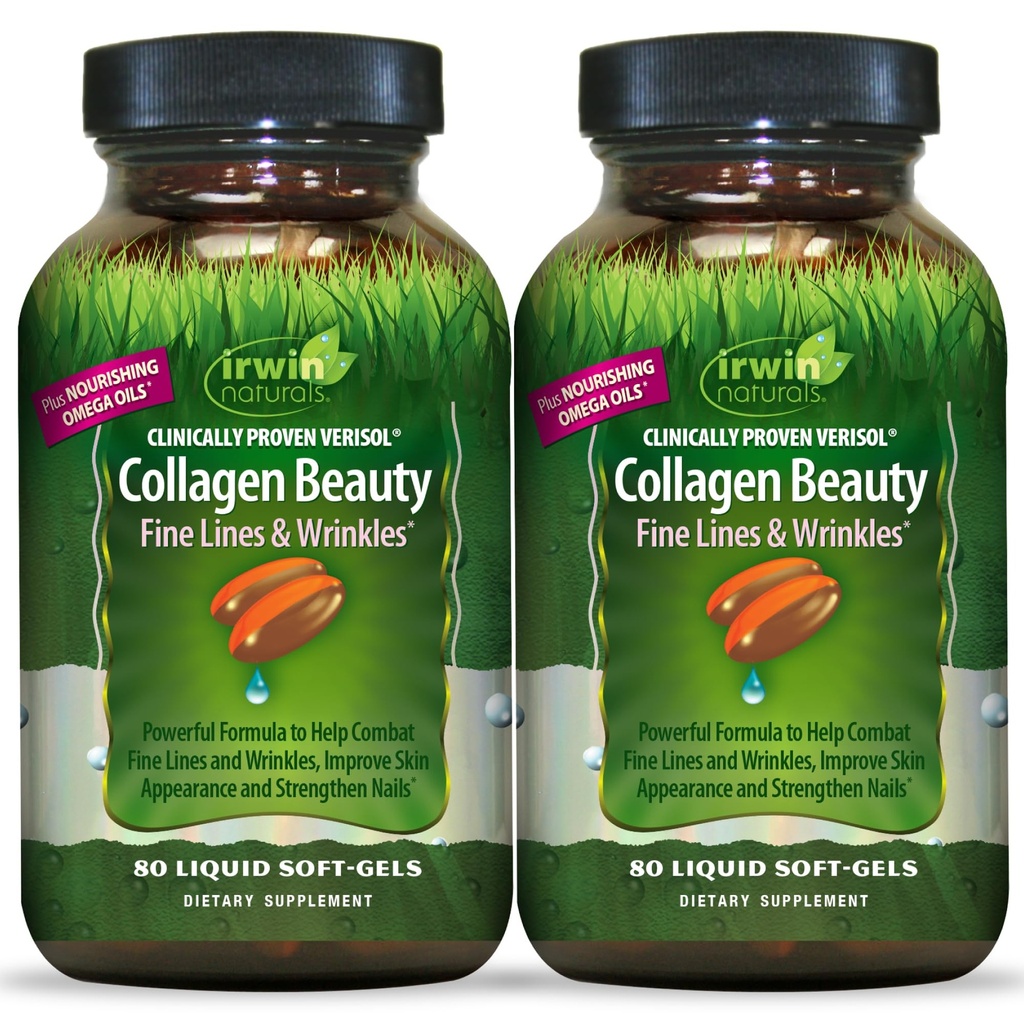 Irwin Naturals Collagen Kauneus 80 Liquid Soft-Gels Advanced ihon, hiusten ja kynsien ravinto - 2 pakkaus