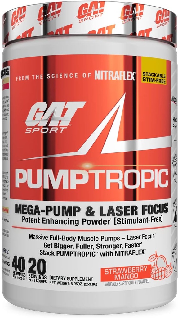 GAT Sport Pumptropic Mega-Pump & Laser Focus Potent Enhancing Powder (Stimulant-Free), 40 portioner (Strawberry Mango)