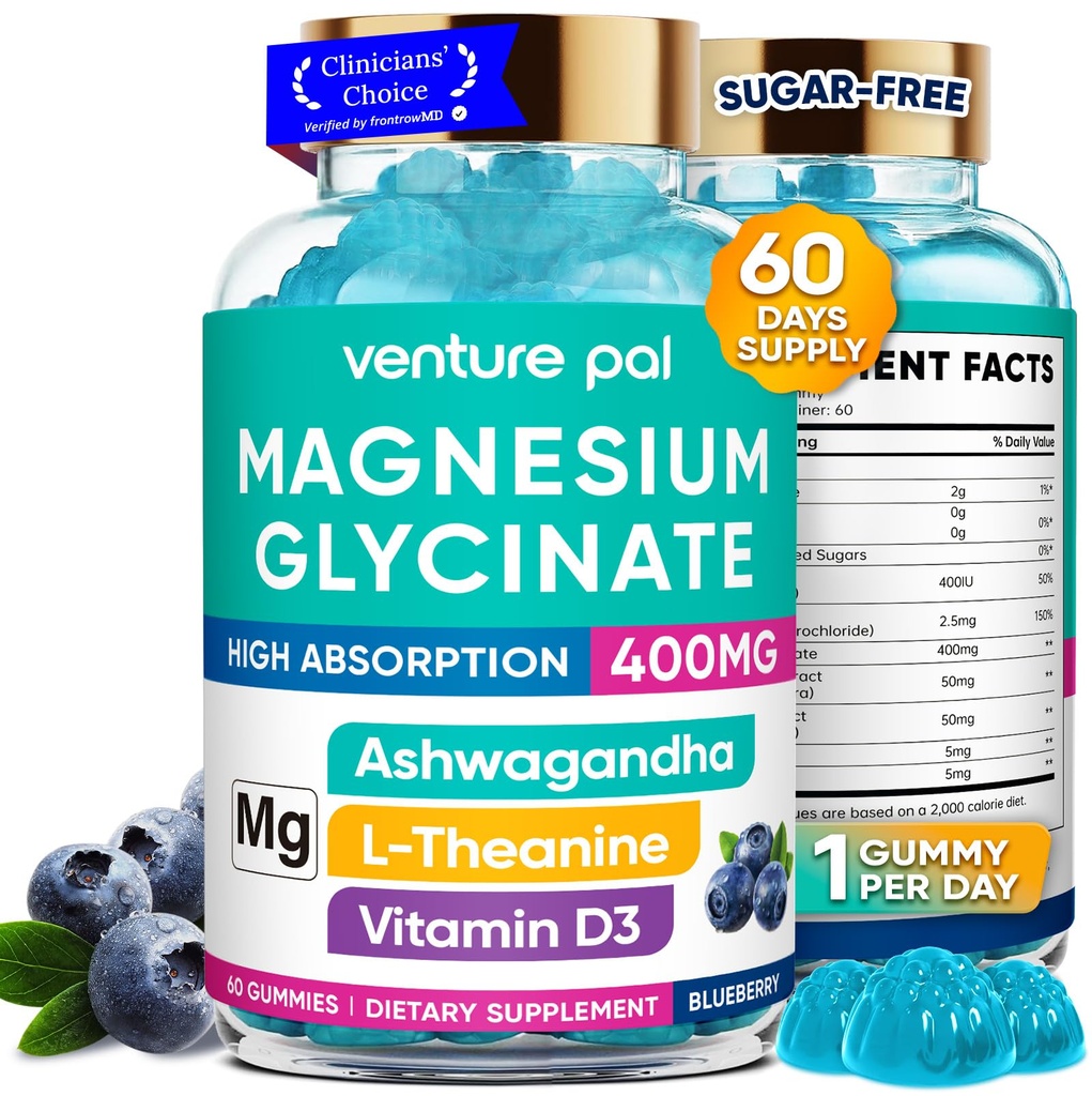 60 Day Supply Magnesium Glycinate 400 mg Gummies with Ashwagandha, L-Theanine, CoQ10, D3-vitamiini ja B6-sokeriton Magnesium Gummies for Adults & Kids, Stress Relief, Uni & Rauhallinen, Vegan, Gluteeniton