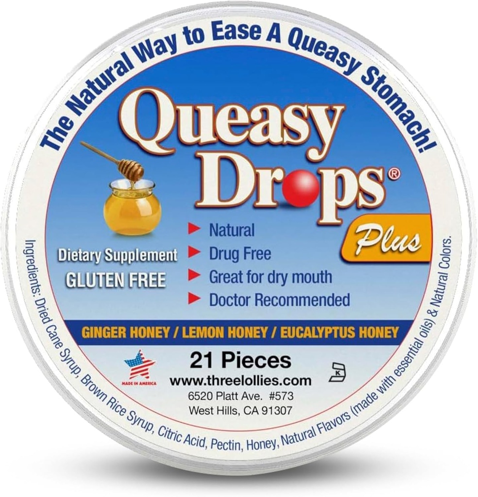 Three Lollies Queasy Drops Plus - Lozenges with Pectin & Honey to Soothe a Dry Mouth - Alleviate Pahoinvointi ja liike sairaus - luonnollinen - 21 t
