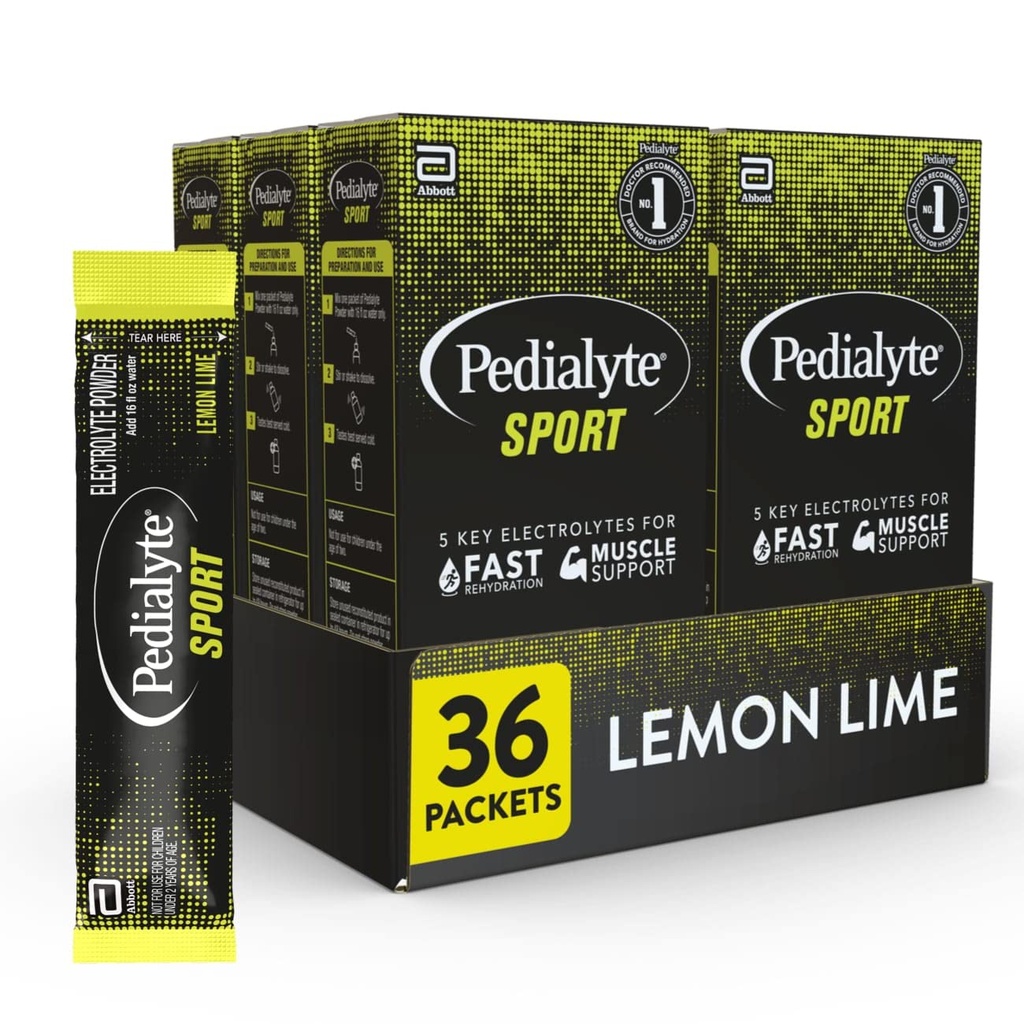 Pedialyte Sport Electrolyte Powder, Fast Hydration med 5 Key Electrolytes för muskelstöd före, under och efter träning, Lemon Lime, 0,49-oz Packets (36 Count)